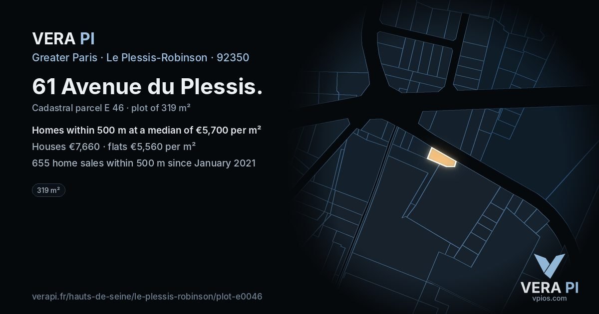 61 Avenue du Plessis, Le Plessis-Robinson at night – the plot lit, the parcels around coloured by the prices near them