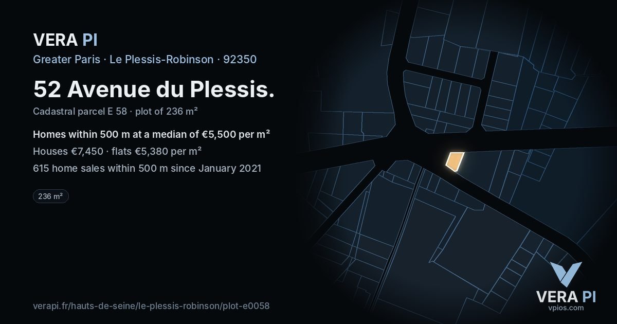 52 Avenue du Plessis, Le Plessis-Robinson at night – the plot lit, the parcels around coloured by the prices near them