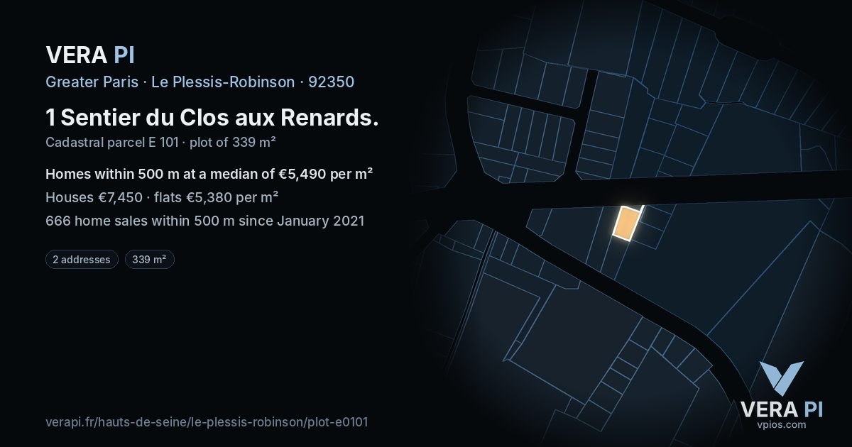 1 Sentier du Clos aux Renards, Le Plessis-Robinson at night – the plot lit, the parcels around coloured by the prices near them
