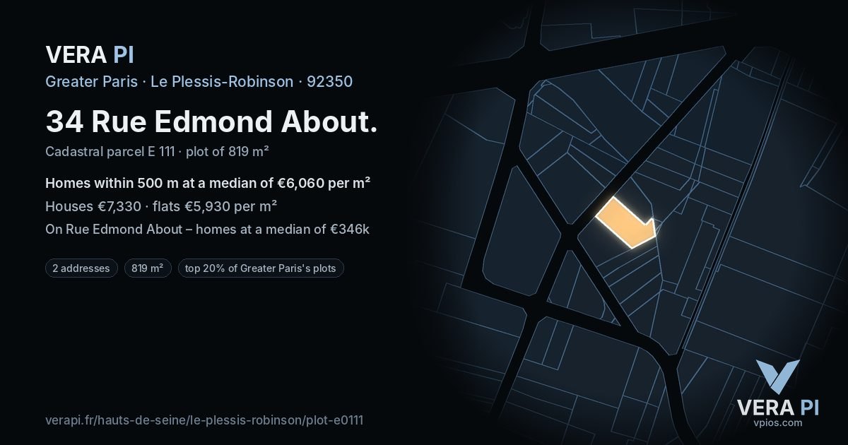 34 Rue Edmond About, Le Plessis-Robinson at night – the plot lit, the parcels around coloured by the prices near them