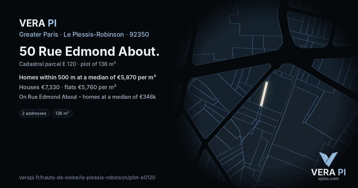 50 Rue Edmond About, Le Plessis-Robinson at night – the plot lit, the parcels around coloured by the prices near them