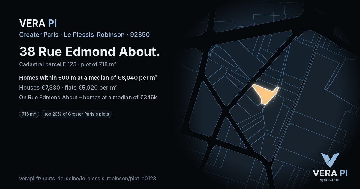 38 Rue Edmond About, Le Plessis-Robinson at night – the plot lit, the parcels around coloured by the prices near them