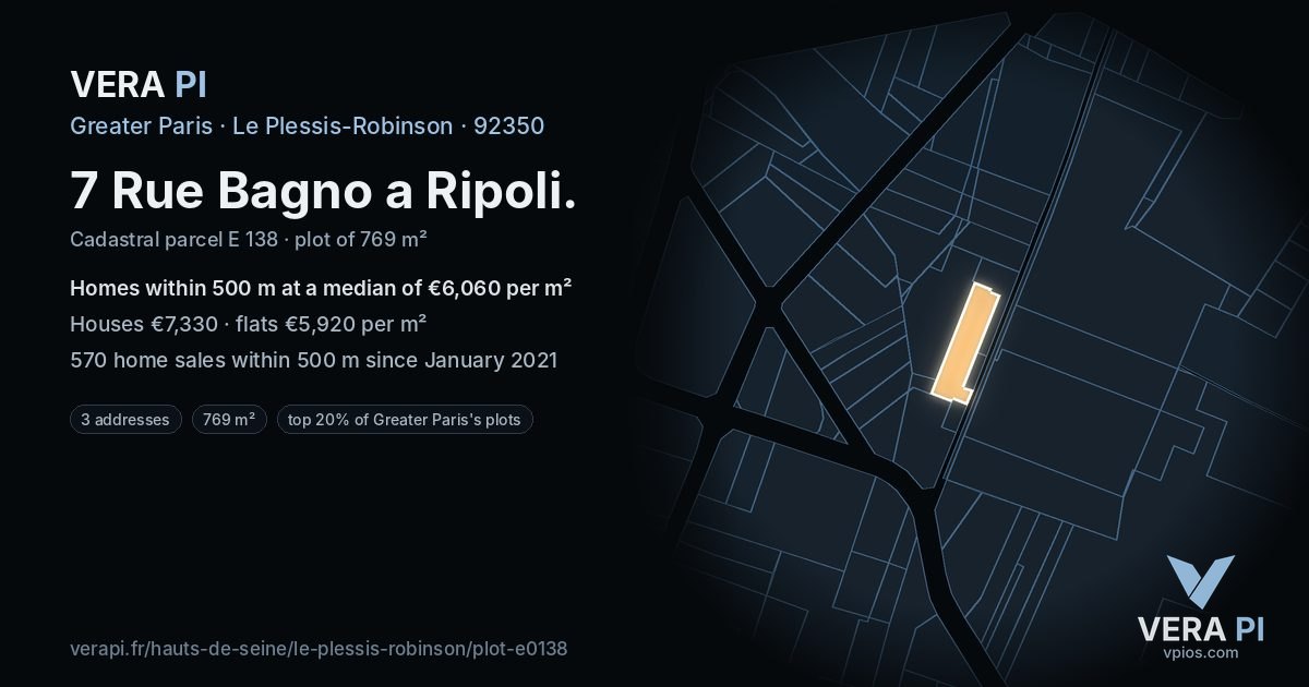 7 Rue Bagno a Ripoli, Le Plessis-Robinson at night – the plot lit, the parcels around coloured by the prices near them