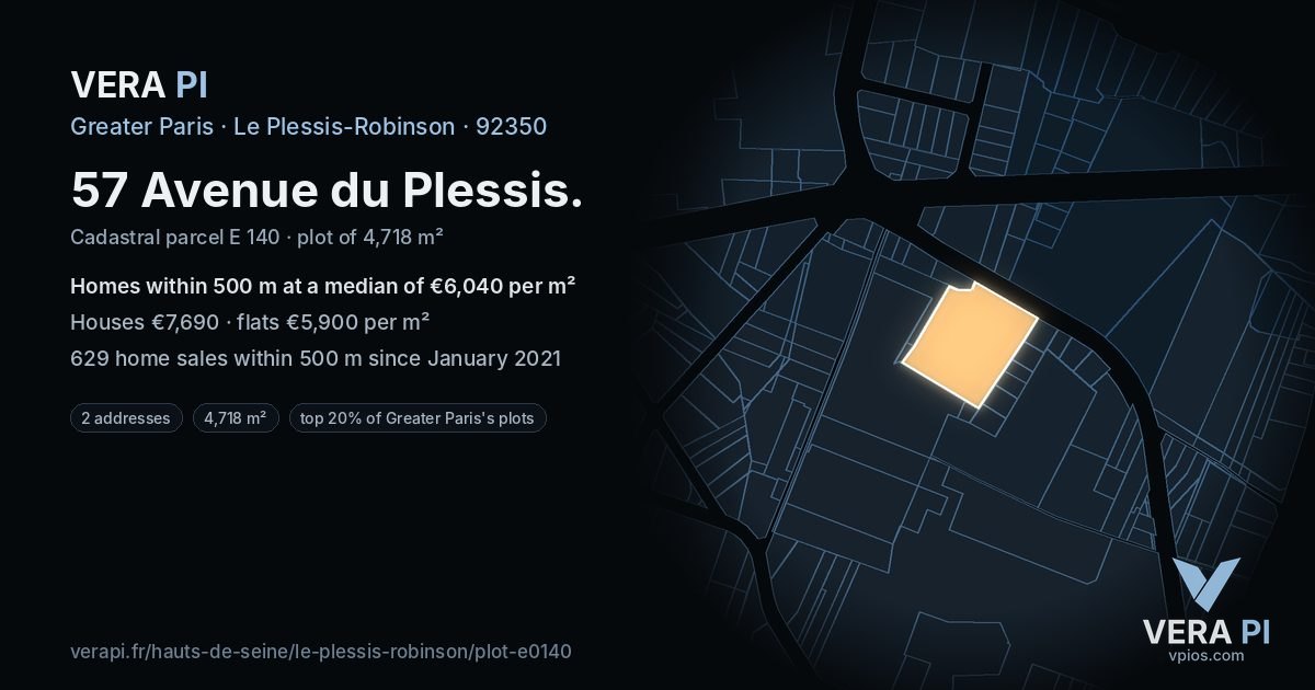57 Avenue du Plessis, Le Plessis-Robinson at night – the plot lit, the parcels around coloured by the prices near them