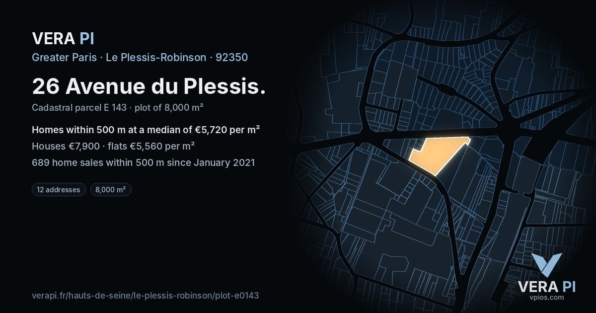 26 Avenue du Plessis, Le Plessis-Robinson at night – the plot lit, the parcels around coloured by the prices near them