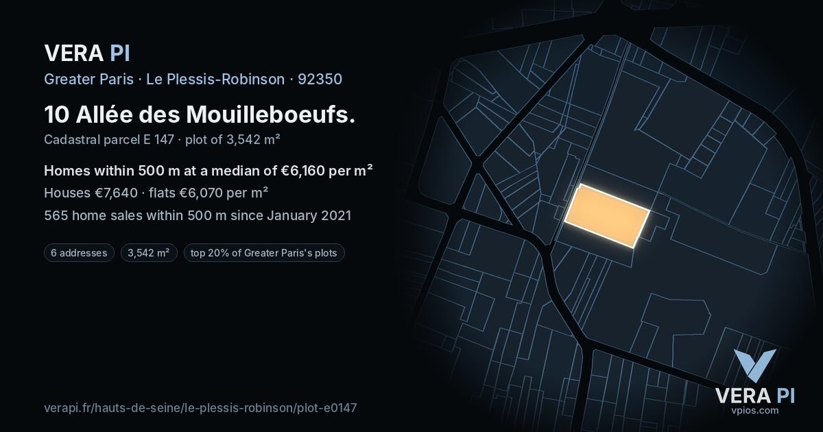10 Allée des Mouilleboeufs, Le Plessis-Robinson at night – the plot lit, the parcels around coloured by the prices near them