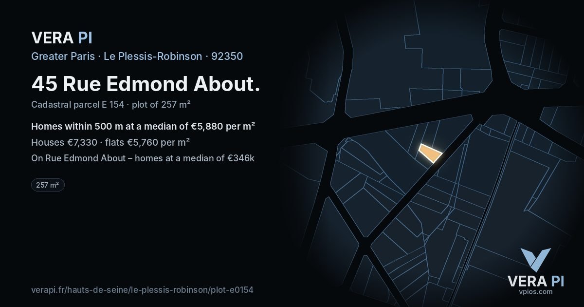 45 Rue Edmond About, Le Plessis-Robinson at night – the plot lit, the parcels around coloured by the prices near them