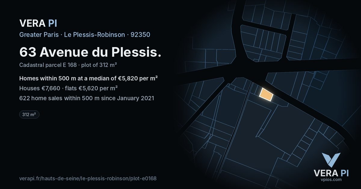 63 Avenue du Plessis, Le Plessis-Robinson at night – the plot lit, the parcels around coloured by the prices near them