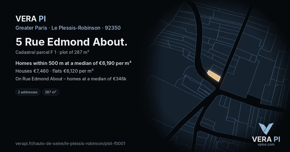 5 Rue Edmond About, Le Plessis-Robinson at night – the plot lit, the parcels around coloured by the prices near them