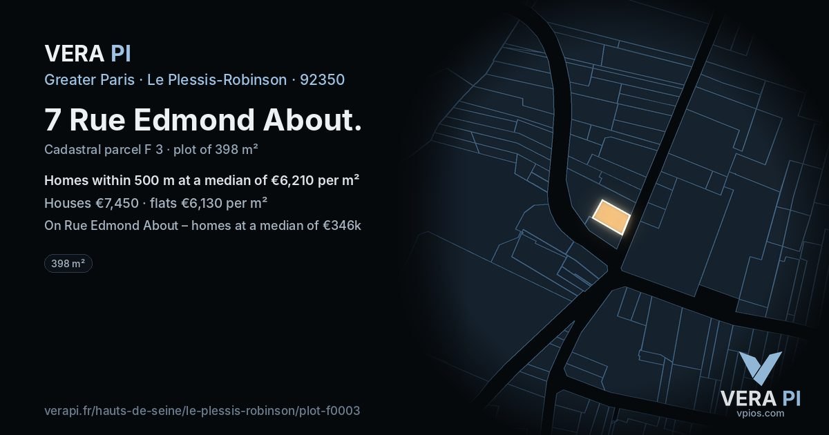 7 Rue Edmond About, Le Plessis-Robinson at night – the plot lit, the parcels around coloured by the prices near them