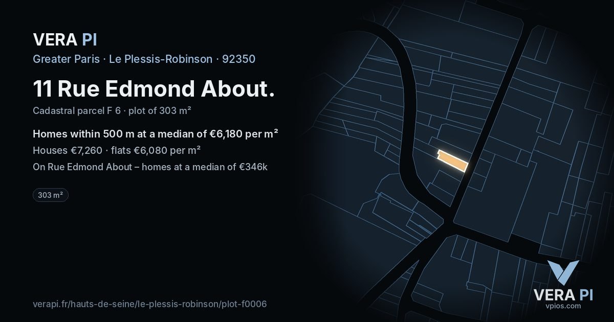11 Rue Edmond About, Le Plessis-Robinson at night – the plot lit, the parcels around coloured by the prices near them