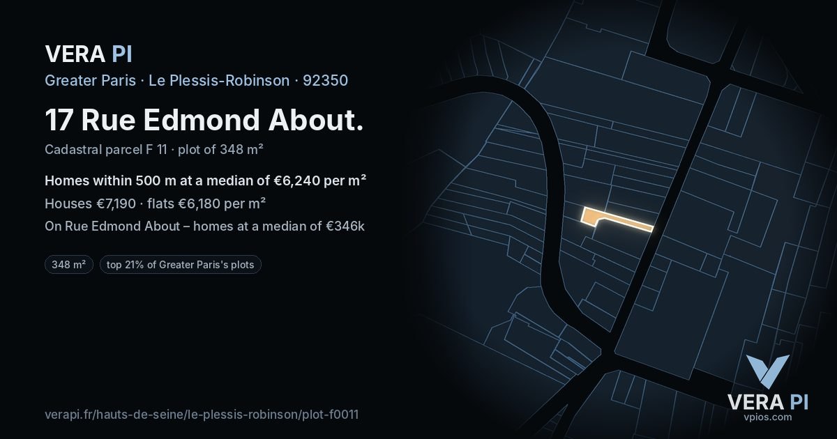 17 Rue Edmond About, Le Plessis-Robinson at night – the plot lit, the parcels around coloured by the prices near them
