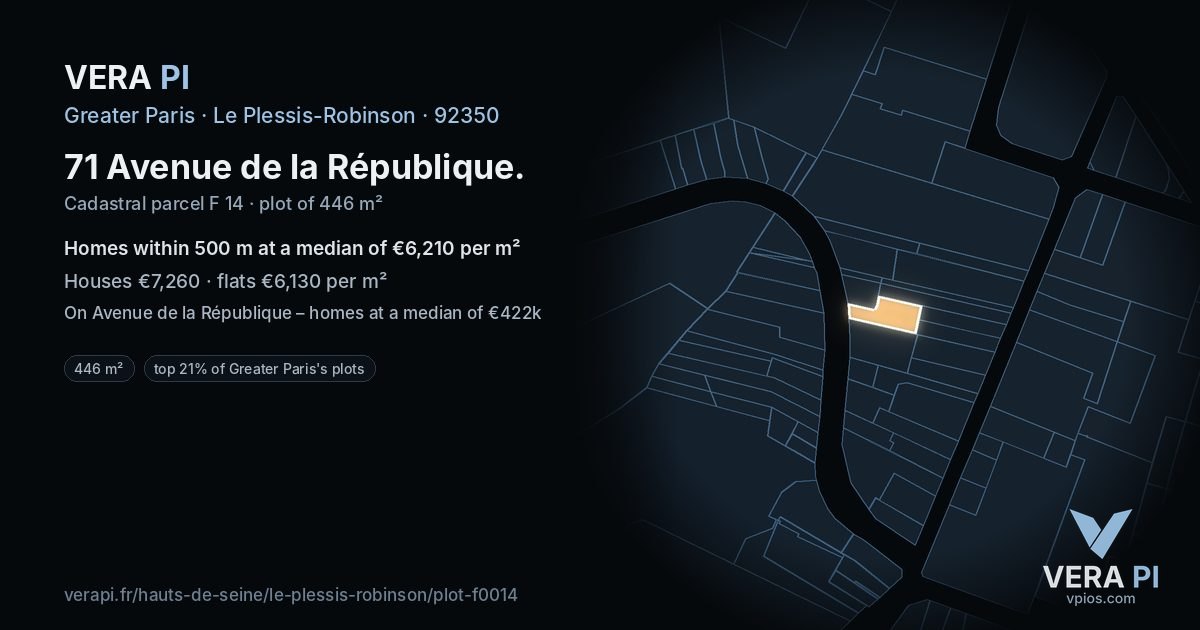 71 Avenue de la République, Le Plessis-Robinson at night – the plot lit, the parcels around coloured by the prices near them