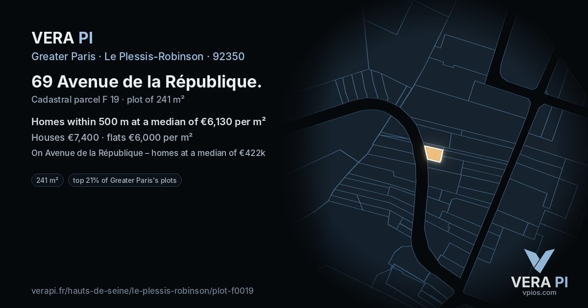 69 Avenue de la République, Le Plessis-Robinson at night – the plot lit, the parcels around coloured by the prices near them