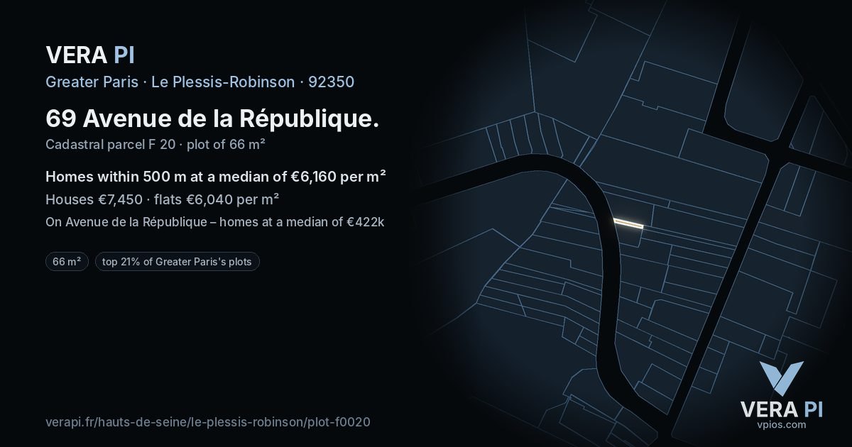 69 Avenue de la République, Le Plessis-Robinson at night – the plot lit, the parcels around coloured by the prices near them