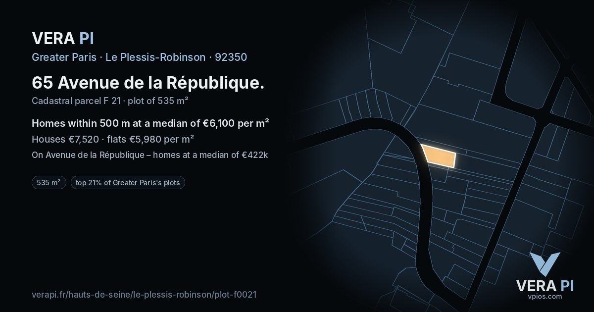65 Avenue de la République, Le Plessis-Robinson at night – the plot lit, the parcels around coloured by the prices near them