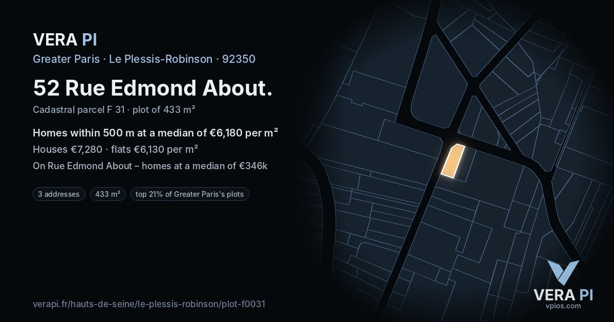 52 Rue Edmond About, Le Plessis-Robinson at night – the plot lit, the parcels around coloured by the prices near them