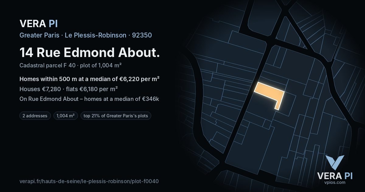 14 Rue Edmond About, Le Plessis-Robinson at night – the plot lit, the parcels around coloured by the prices near them