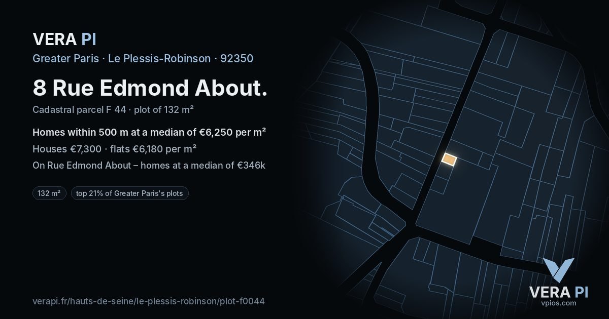 8 Rue Edmond About, Le Plessis-Robinson at night – the plot lit, the parcels around coloured by the prices near them