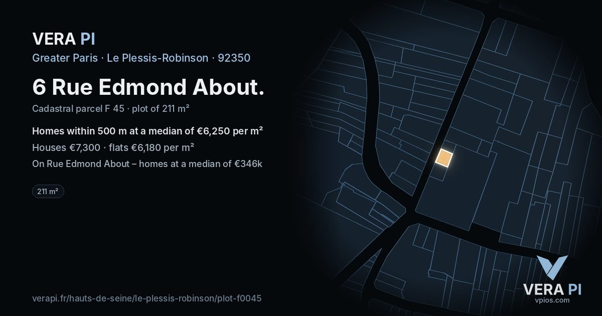 6 Rue Edmond About, Le Plessis-Robinson at night – the plot lit, the parcels around coloured by the prices near them