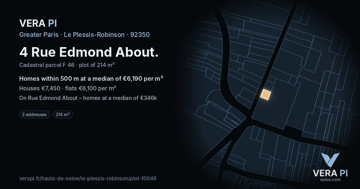 4 Rue Edmond About, Le Plessis-Robinson at night – the plot lit, the parcels around coloured by the prices near them
