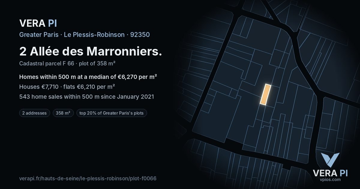 2 Allée des Marronniers, Le Plessis-Robinson at night – the plot lit, the parcels around coloured by the prices near them