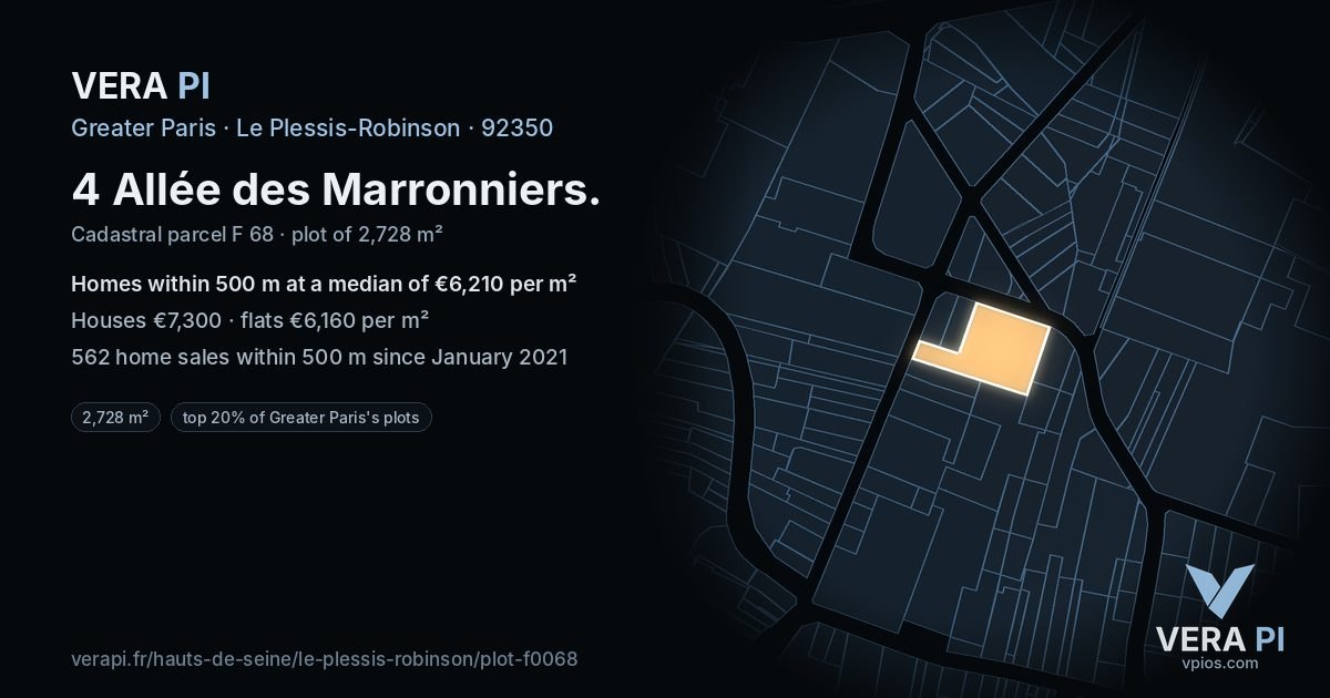4 Allée des Marronniers, Le Plessis-Robinson at night – the plot lit, the parcels around coloured by the prices near them