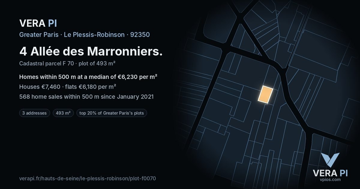 4 Allée des Marronniers, Le Plessis-Robinson at night – the plot lit, the parcels around coloured by the prices near them