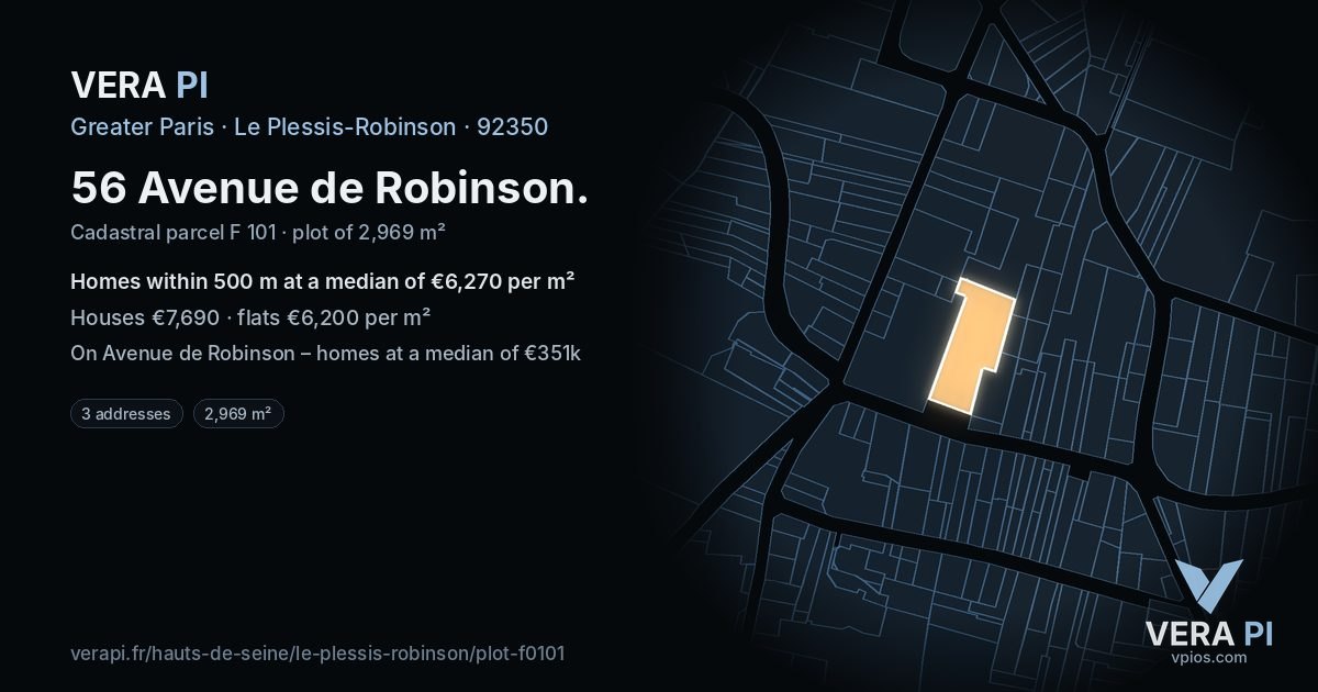 56 Avenue de Robinson, Le Plessis-Robinson at night – the plot lit, the parcels around coloured by the prices near them