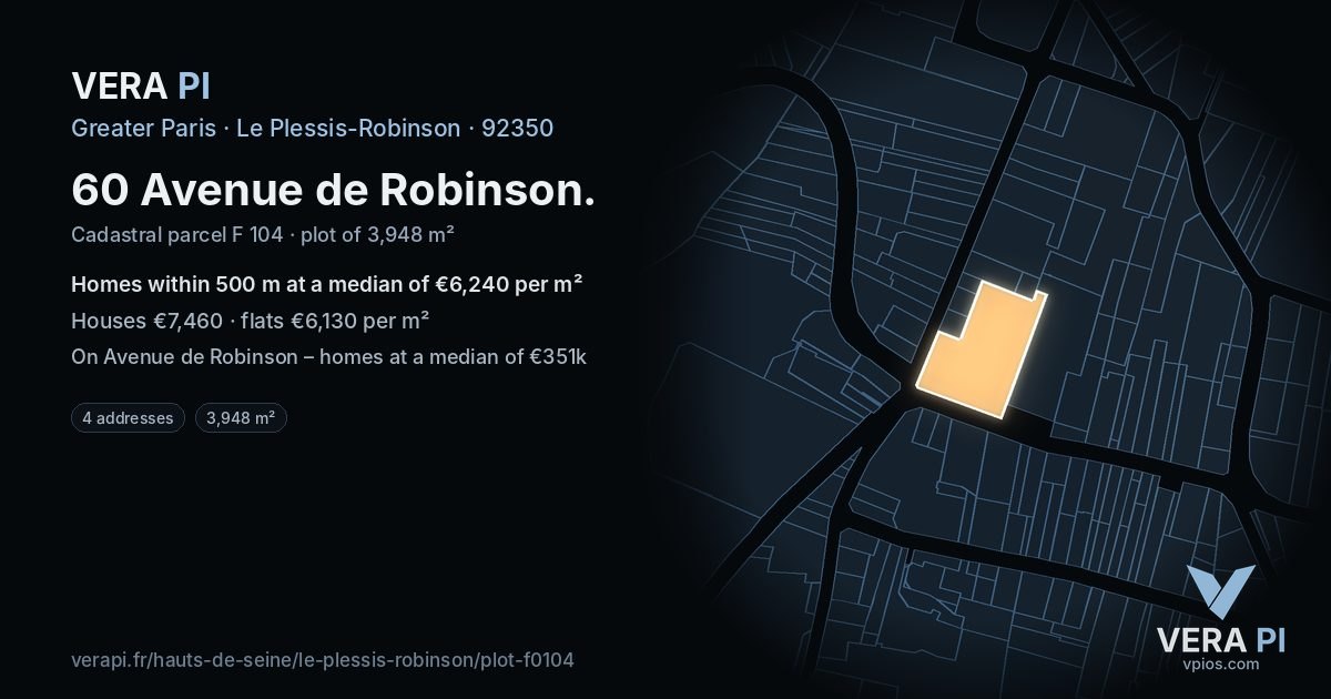 60 Avenue de Robinson, Le Plessis-Robinson at night – the plot lit, the parcels around coloured by the prices near them