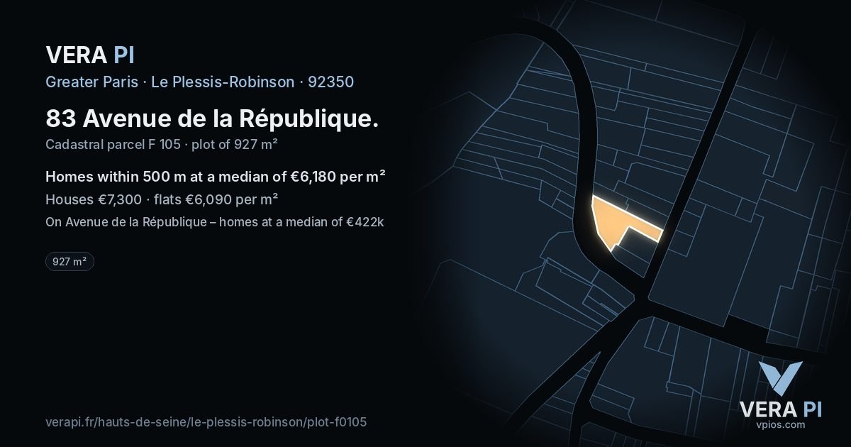 83 Avenue de la République, Le Plessis-Robinson at night – the plot lit, the parcels around coloured by the prices near them