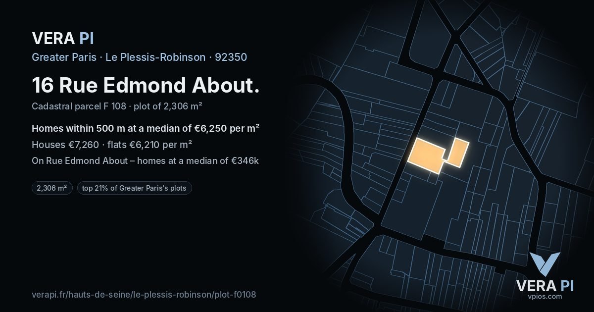 16 Rue Edmond About, Le Plessis-Robinson at night – the plot lit, the parcels around coloured by the prices near them