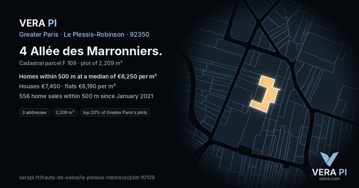 4 Allée des Marronniers, Le Plessis-Robinson at night – the plot lit, the parcels around coloured by the prices near them