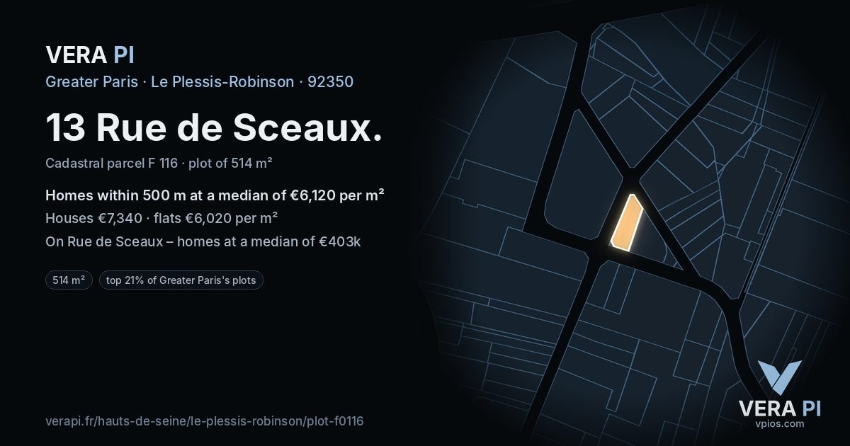 13 Rue de Sceaux, Le Plessis-Robinson at night – the plot lit, the parcels around coloured by the prices near them