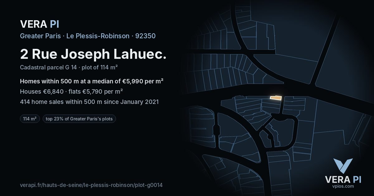 2 Rue Joseph Lahuec, Le Plessis-Robinson at night – the plot lit, the parcels around coloured by the prices near them