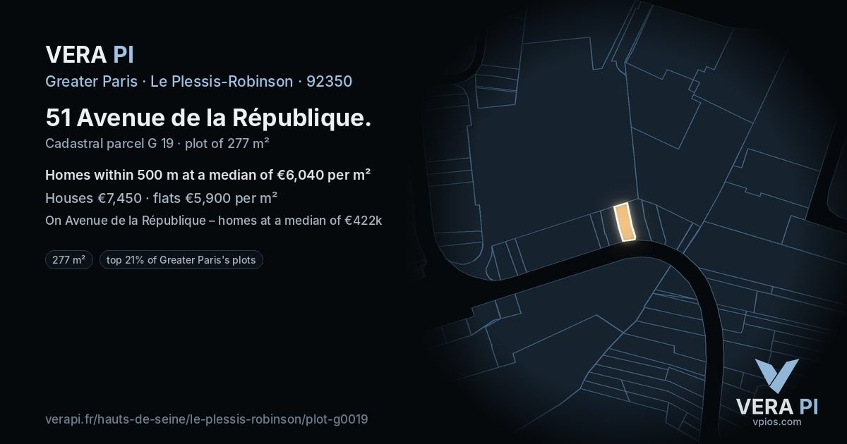51 Avenue de la République, Le Plessis-Robinson at night – the plot lit, the parcels around coloured by the prices near them