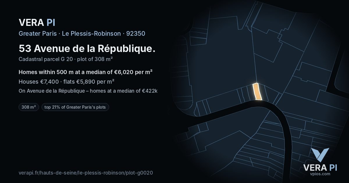 53 Avenue de la République, Le Plessis-Robinson at night – the plot lit, the parcels around coloured by the prices near them