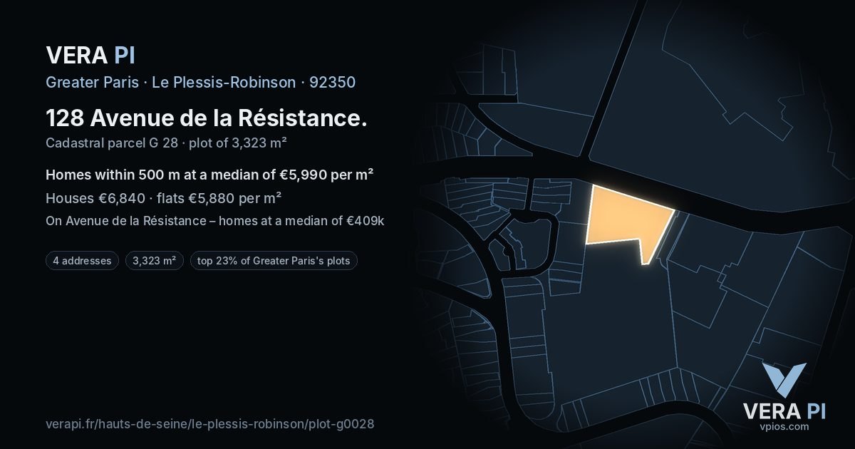 128 Avenue de la Résistance, Le Plessis-Robinson at night – the plot lit, the parcels around coloured by the prices near them