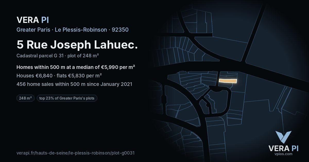 5 Rue Joseph Lahuec, Le Plessis-Robinson at night – the plot lit, the parcels around coloured by the prices near them