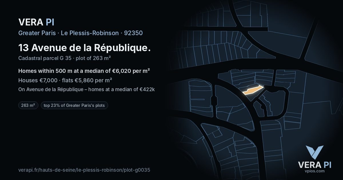 13 Avenue de la République, Le Plessis-Robinson at night – the plot lit, the parcels around coloured by the prices near them