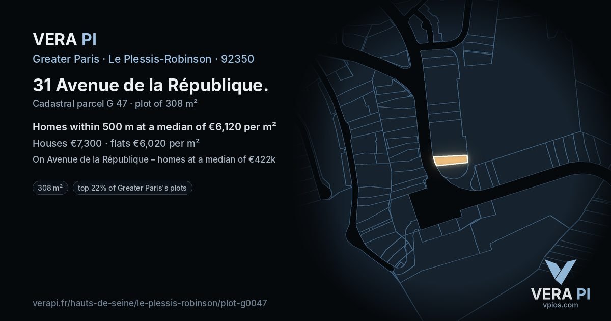 31 Avenue de la République, Le Plessis-Robinson at night – the plot lit, the parcels around coloured by the prices near them