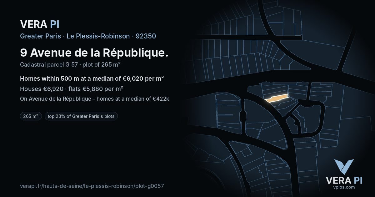 9 Avenue de la République, Le Plessis-Robinson at night – the plot lit, the parcels around coloured by the prices near them