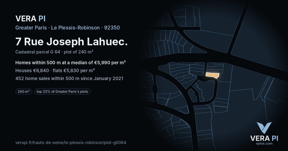 7 Rue Joseph Lahuec, Le Plessis-Robinson at night – the plot lit, the parcels around coloured by the prices near them