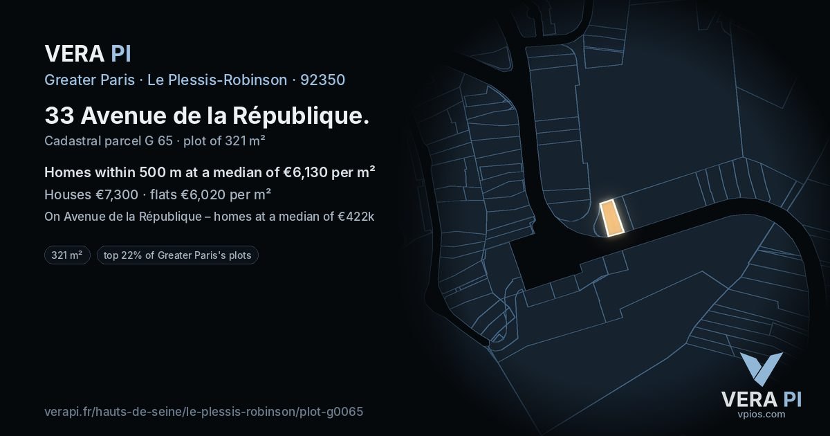 33 Avenue de la République, Le Plessis-Robinson at night – the plot lit, the parcels around coloured by the prices near them