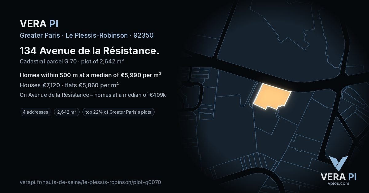 134 Avenue de la Résistance, Le Plessis-Robinson at night – the plot lit, the parcels around coloured by the prices near them