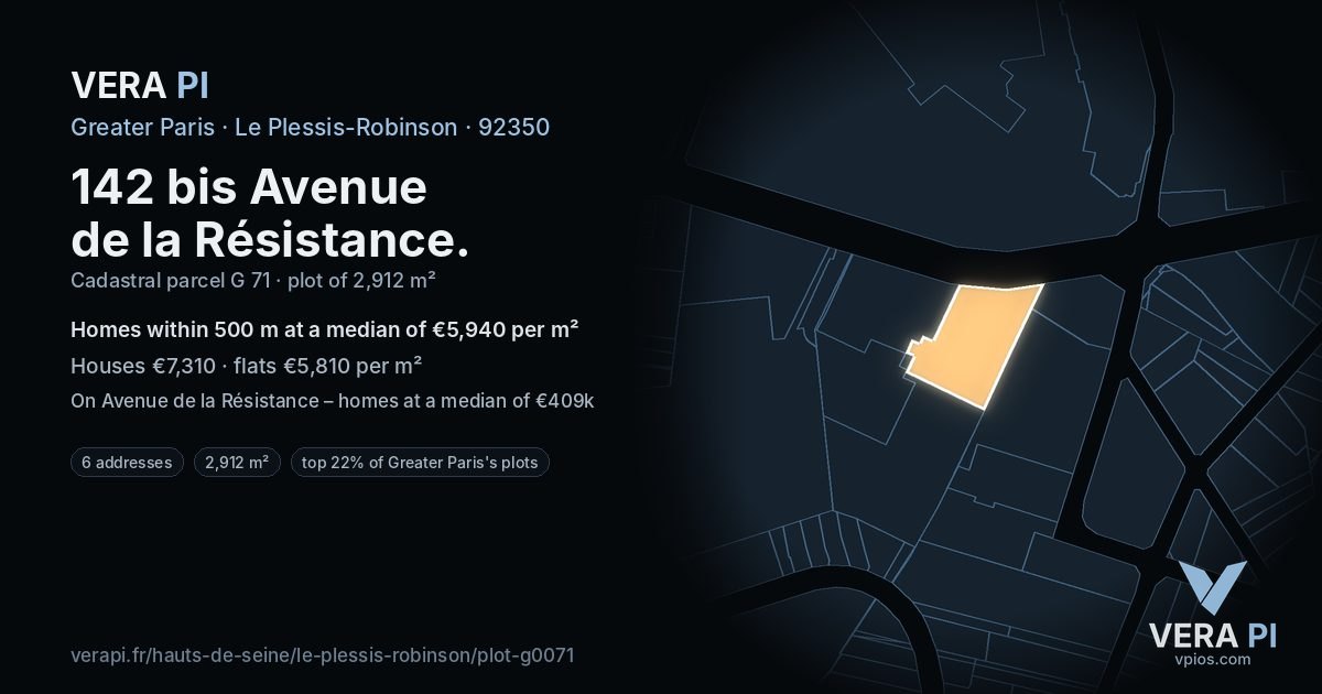 142 bis Avenue de la Résistance, Le Plessis-Robinson at night – the plot lit, the parcels around coloured by the prices near them
