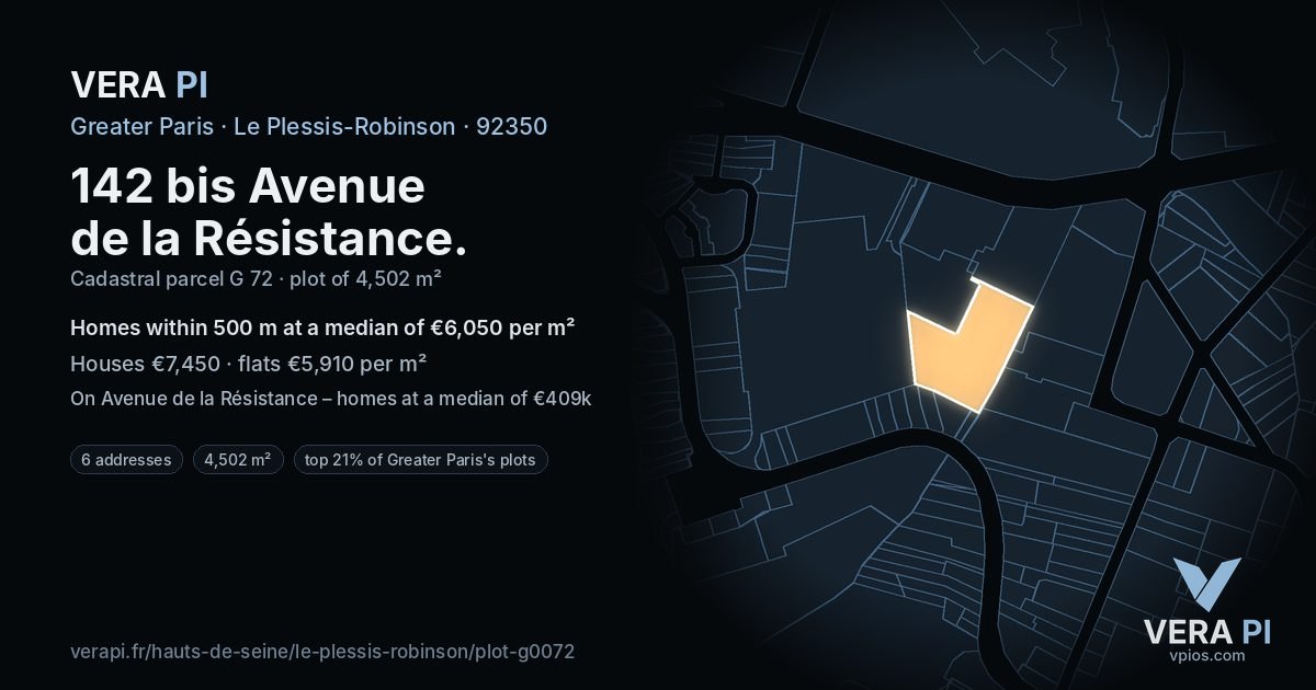 142 bis Avenue de la Résistance, Le Plessis-Robinson at night – the plot lit, the parcels around coloured by the prices near them