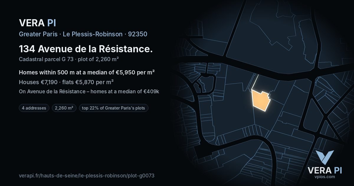 134 Avenue de la Résistance, Le Plessis-Robinson at night – the plot lit, the parcels around coloured by the prices near them