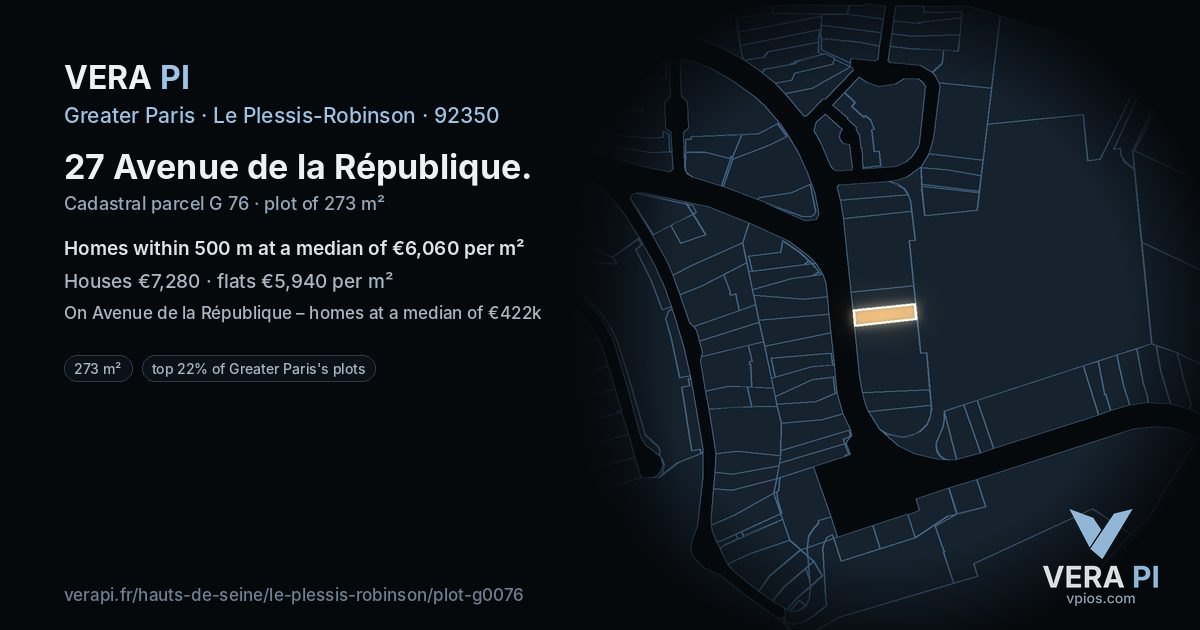 27 Avenue de la République, Le Plessis-Robinson at night – the plot lit, the parcels around coloured by the prices near them