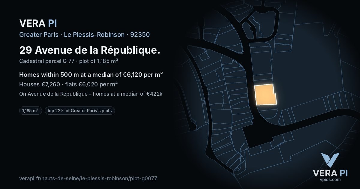 29 Avenue de la République, Le Plessis-Robinson at night – the plot lit, the parcels around coloured by the prices near them